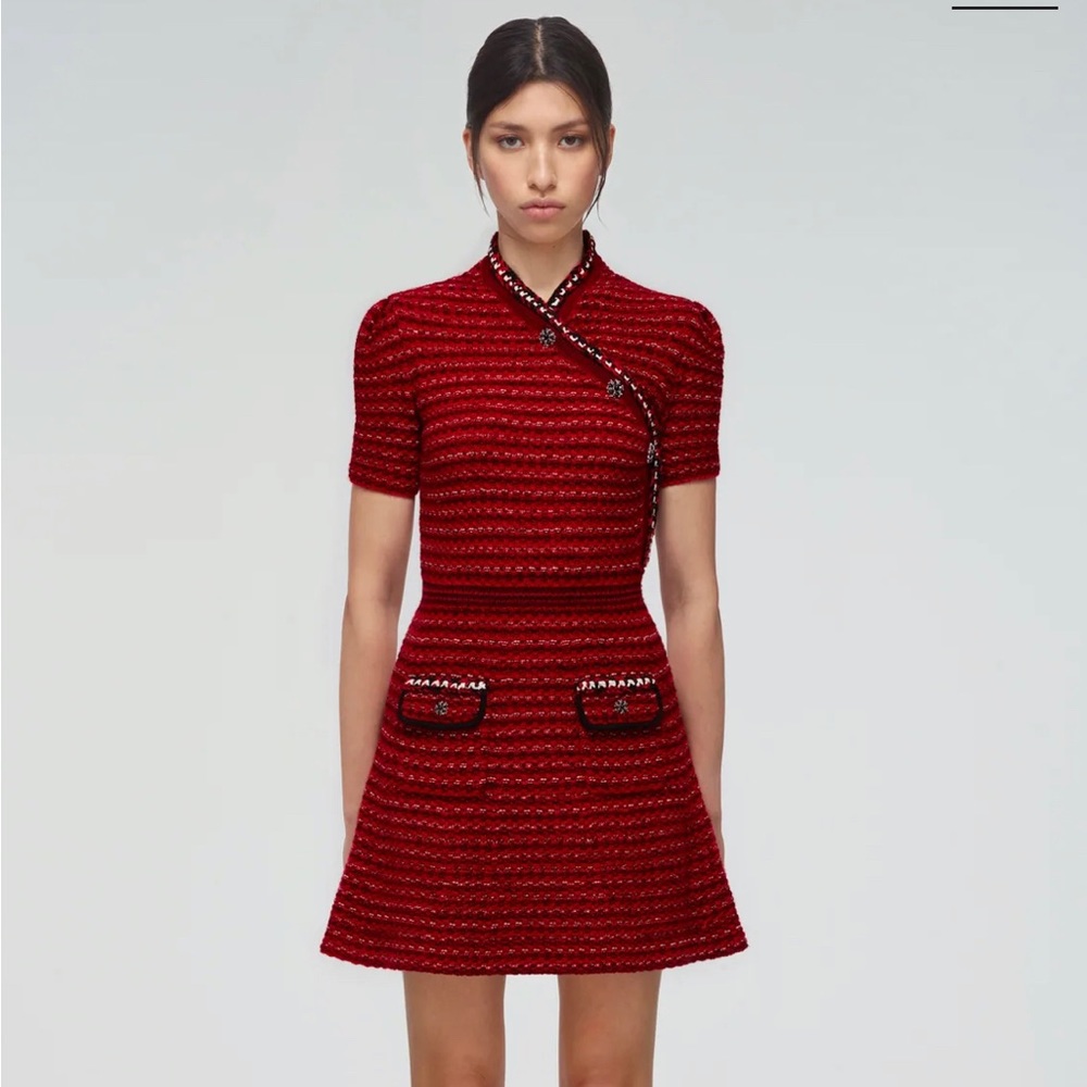 Self portrait tweed stripe red black mini dress sz S